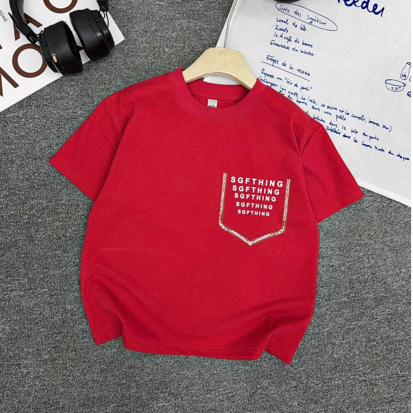 Áo Phông Cotton Cộc Tay cho bé Trai IN TÚI CHỮ, Chất Cotton Mềm Mịn, Thấm Hút Tốt, Dáng Basic, Size từ 17-60kg