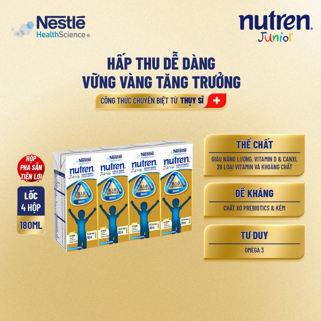 Bộ 4 Lốc 4 Hộp Sữa Pha Sẵn NESTLÉ NUTREN JUNIOR Thụy Sĩ Công Thức BIG Tăng Trưởng 180ML