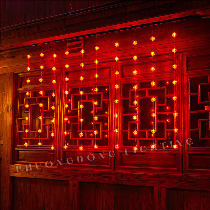 Dây đèn LED rèm Lồng đèn Tròn đỏ Trang trí Lễ Tết