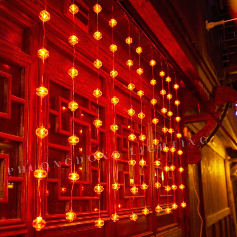 Dây đèn LED rèm Lồng đèn Tròn đỏ Trang trí Lễ Tết