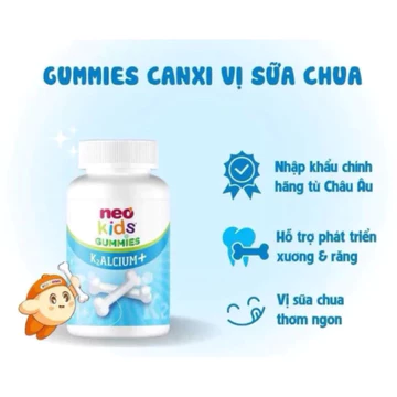 NeoKids Gummies canxi ( hộp 60 viên nhai) Kẹo canxi cho bé vị sữa chua bổ sung Canxi, D3, Vitamin K2 MK7 cho trẻ
