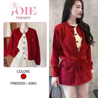 Áo Len Cadigan Lông Thỏ Đỏ Cổ Tròn Phối 2 Lớp Thêu Nơ Ngực Xinh Xắn Cúc Nơ - Joie trendy Mẫu Hot Tết 2026