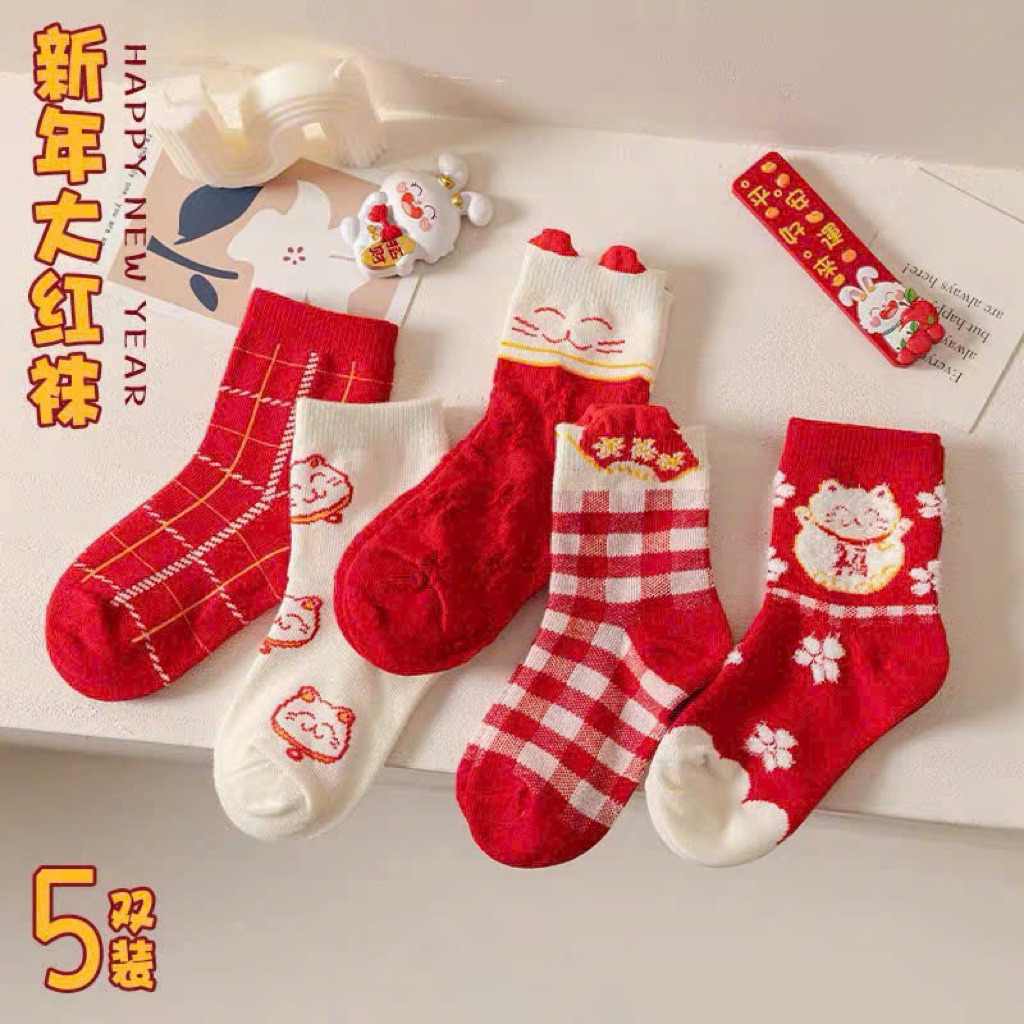 Sét 5 đôi tất trẻ em mèo đỏ tài lộc cho bé