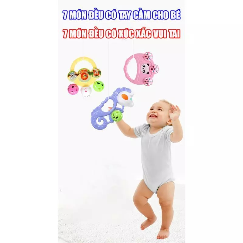 Bộ đồ chơi xúc xắc 7 món có âm thanh vui nhộn kích thích vận động và giác quan cho bé, an toàn cho trẻ