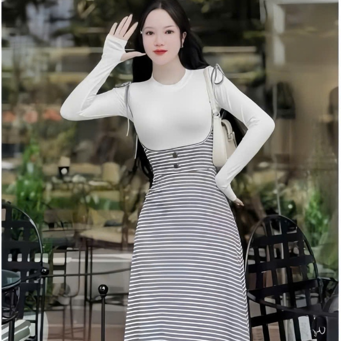 Sét áo thun tay dài phối yếm maxi chất thun gân thanh lịch cá tính thời trang
