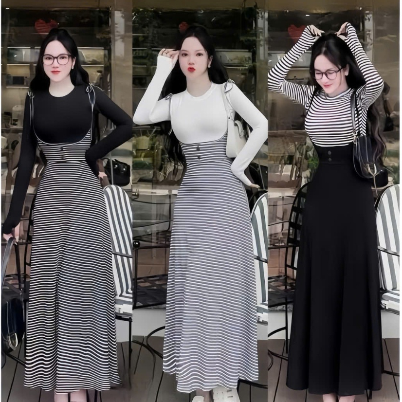 Sét áo thun tay dài phối yếm maxi chất thun gân thanh lịch cá tính thời trang