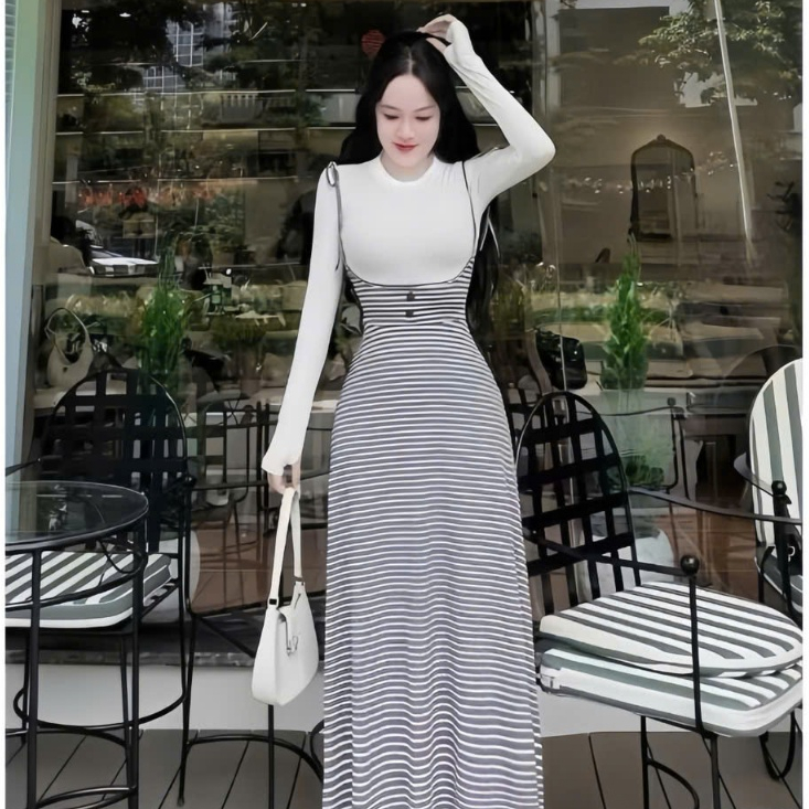 Sét áo thun tay dài phối yếm maxi chất thun gân thanh lịch cá tính thời trang