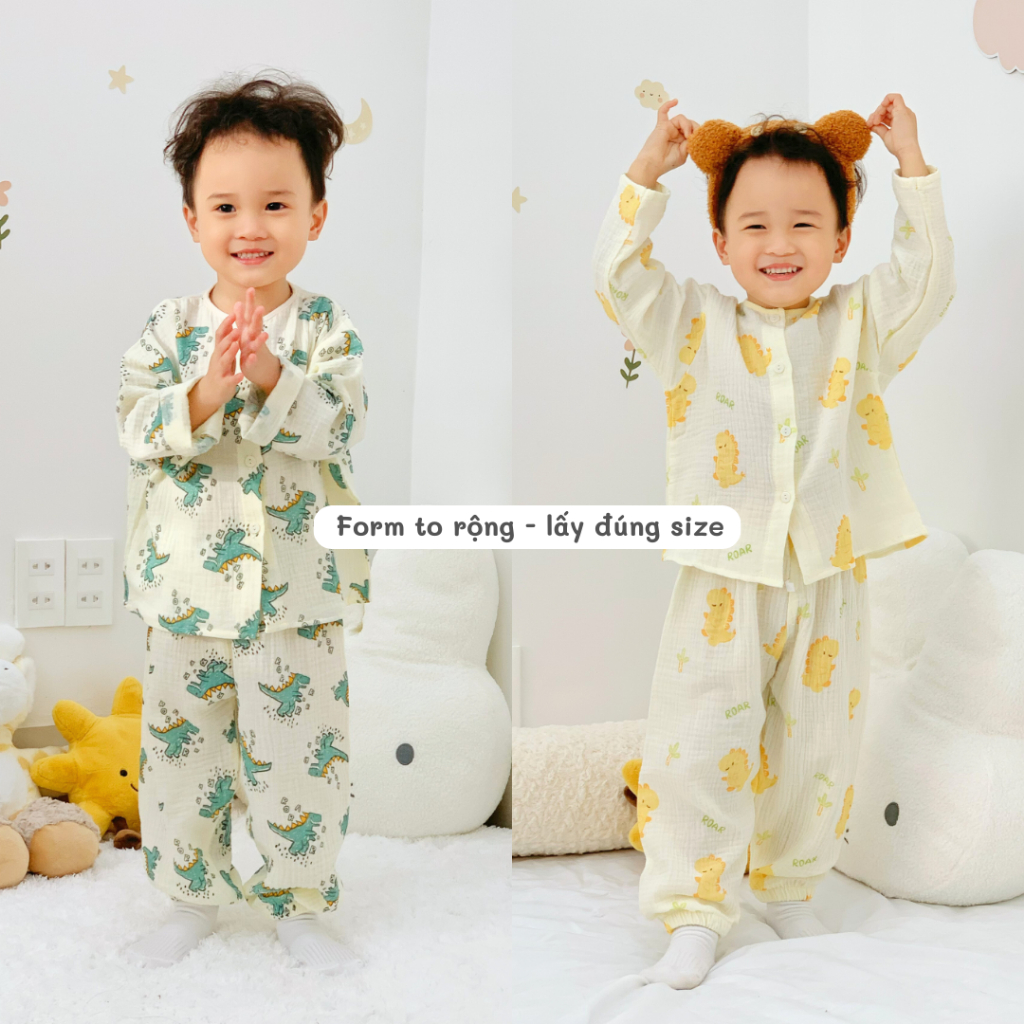 Đồ ngủ trẻ em 7–24kg | Bộ dài tay form rộng, vải Xô Muslin thoáng mát, thấm hút mồ hôi