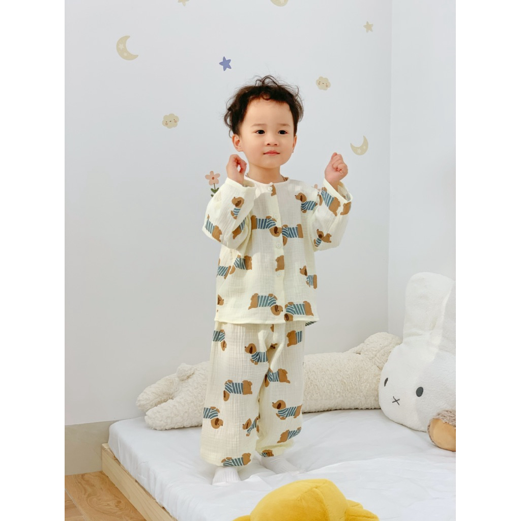 Đồ ngủ trẻ em 7–24kg | Bộ dài tay form rộng, vải Xô Muslin thoáng mát, thấm hút mồ hôi