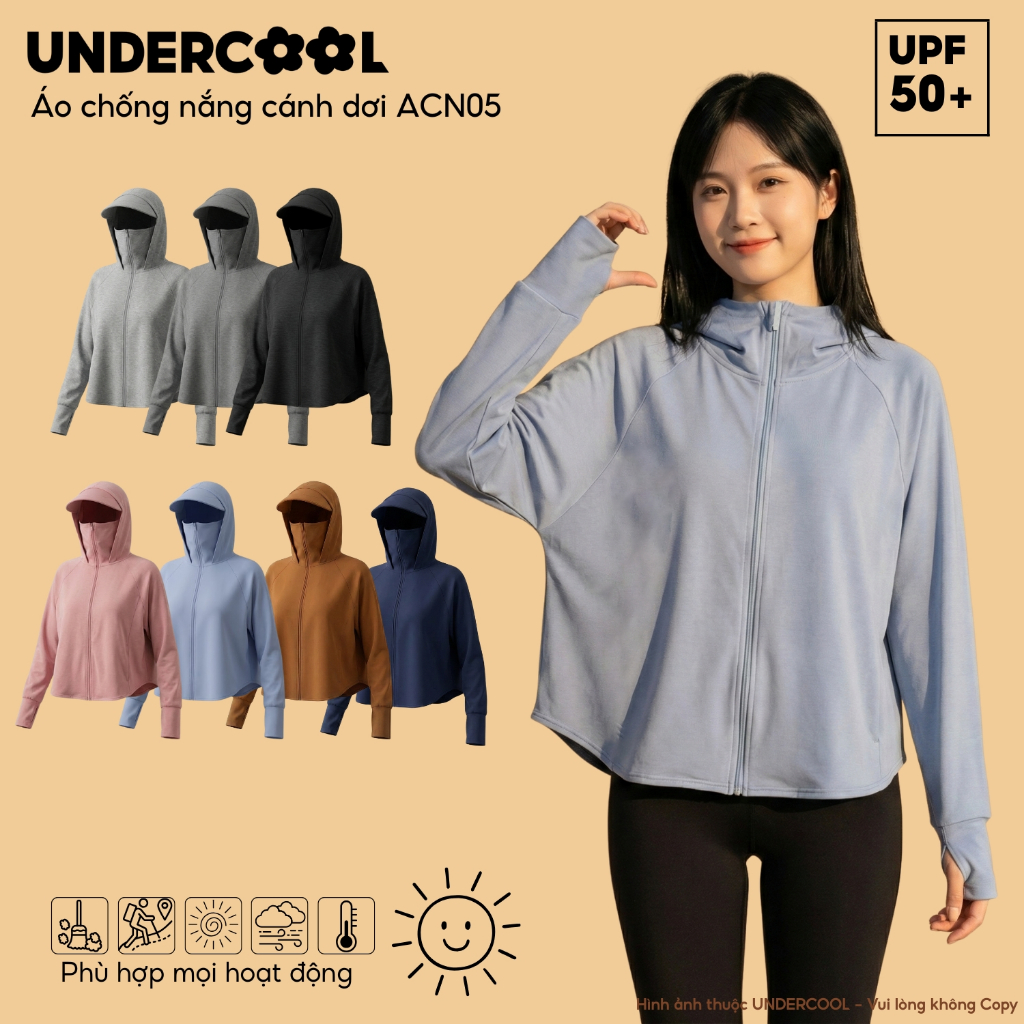 Áo Chống Nắng Nữ UNDERCOOL Chống Nắng UPF50+ Chống Tia UV Vành Mũ To Dáng Croptop Chất Umi Nỉ Co Giãn, Live  ACN05