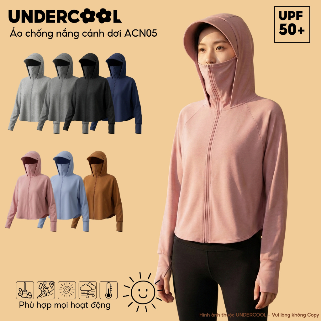 Áo Chống Nắng Cánh Dơi Nữ UNDERCOOL Chống Nắng UPF50+ Chống Tia UV Vành Mũ To Dáng Croptop Chất Umi Nỉ Co Giãn ACN05