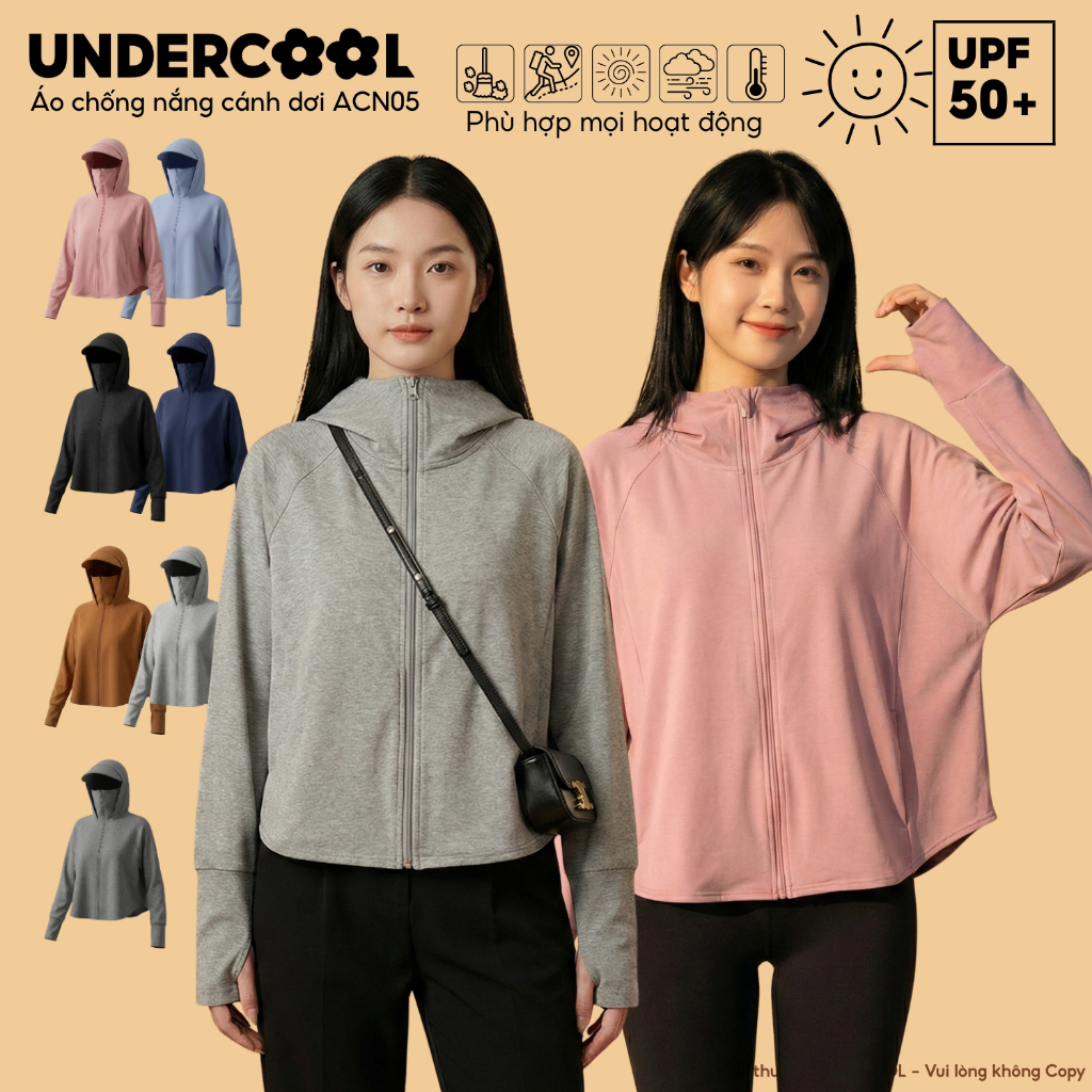 Áo Chống Nắng Cánh Dơi Nữ UNDERCOOL Vành Mũ To Dáng Croptop Chất Umì Nỉ Cao Cấp Co Giãn ACN05