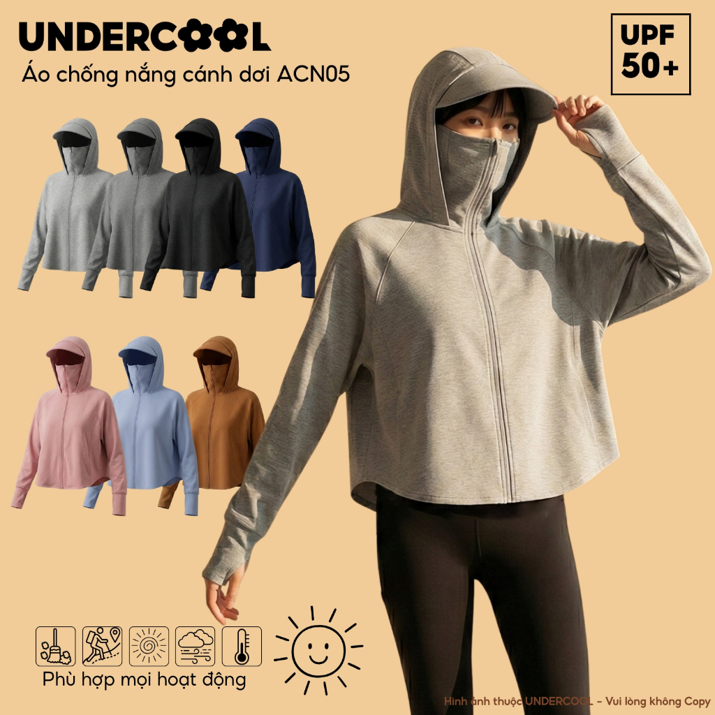 Áo Chống Nắng Nữ UNDERCOOL Chống Nắng UPF50+ Chống Tia UV Vành Mũ To Dáng Croptop Chất Umi Nỉ Co Giãn, Live  ACN05