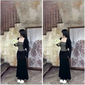 Sét 3 món sọc đen ,áo cúp có mút kèm khoác + chân váy đuôi cá ,thiết kế trẻ trung thời trang