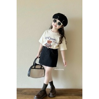 [B&G] Sét váy áo thun cotton gấu kèm chân váy jean đen cá tính cho bé gái từ 10-45kg