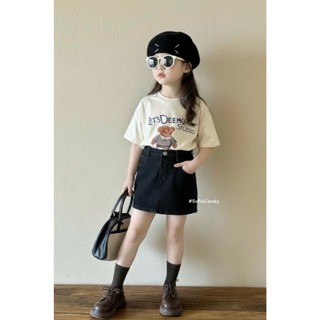 [B&G] Sét váy áo thun cotton gấu kèm chân váy jean đen cá tính cho bé gái từ 10-45kg