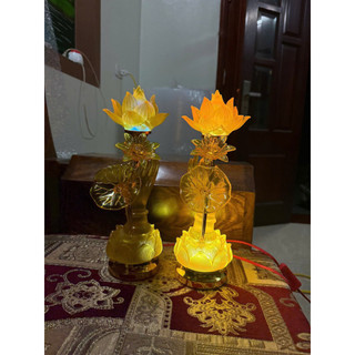 [TẶNG BÓNG LED] Set 2 Đèn Thờ Hoa Sen Lưu Ly Bàn Tay Phật 7 Màu Trang Trí Bàn Thờ Gia Tiên, Đèn Thờ Tượng Tay Phật