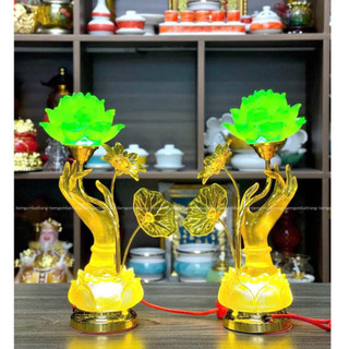 [TẶNG BÓNG LED] Set 2 Đèn Thờ Hoa Sen Lưu Ly Bàn Tay Phật 7 Màu Trang Trí Bàn Thờ Gia Tiên, Đèn Thờ Tượng Tay Phật