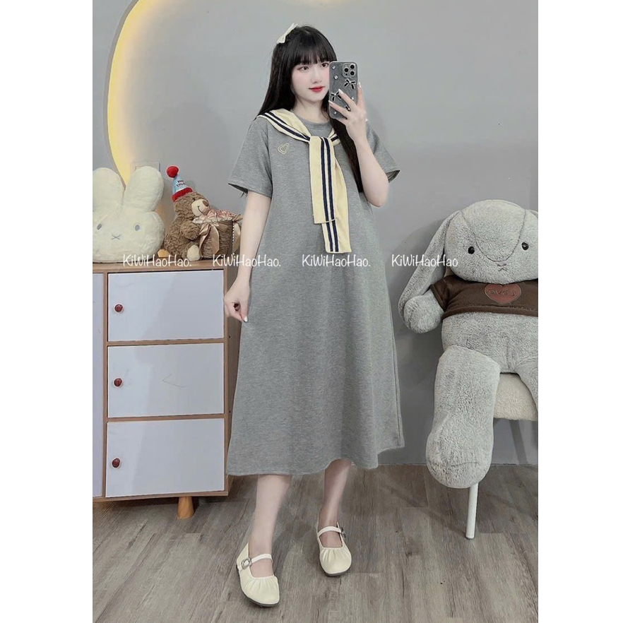 VÁY BẦU CỘC TAY MÌ CỔ TRÒN DÁNG XUÔNG KÈM KHĂN - 2 Màu