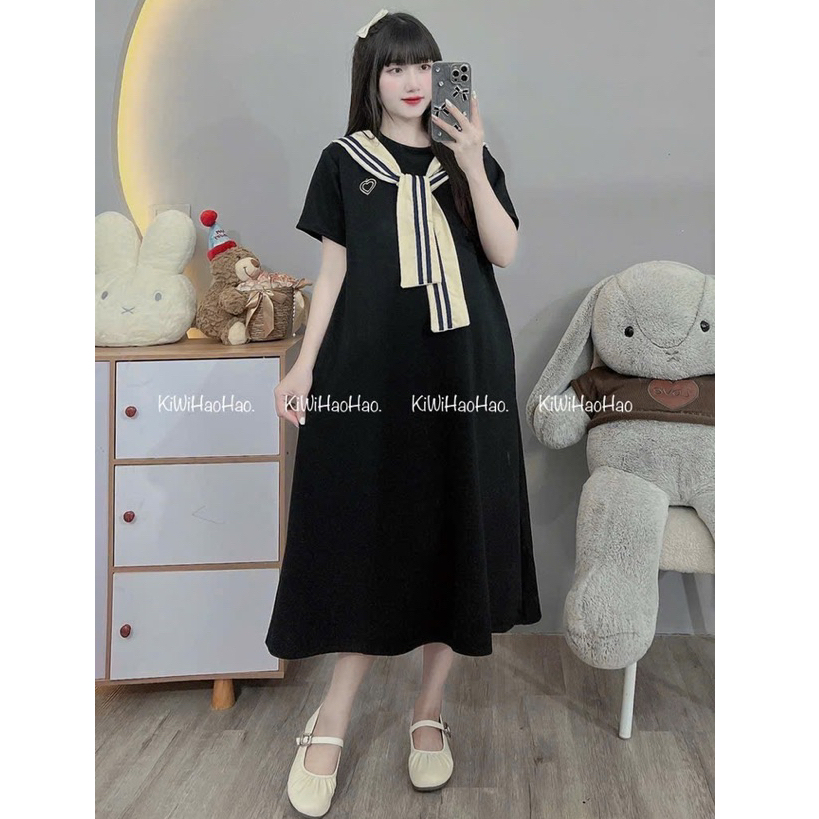 VÁY BẦU CỘC TAY MÌ CỔ TRÒN DÁNG XUÔNG KÈM KHĂN - 2 Màu