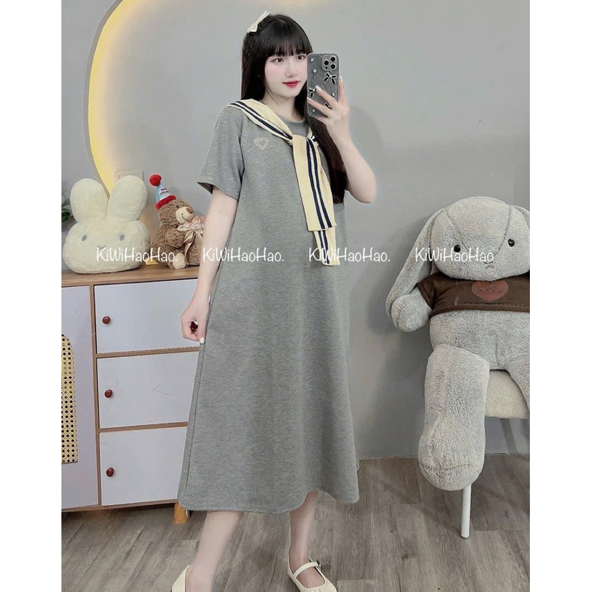 VÁY BẦU CỘC TAY MÌ CỔ TRÒN DÁNG XUÔNG KÈM KHĂN - 2 Màu