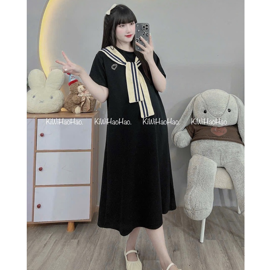 VÁY BẦU CỘC TAY MÌ CỔ TRÒN DÁNG XUÔNG KÈM KHĂN - 2 Màu