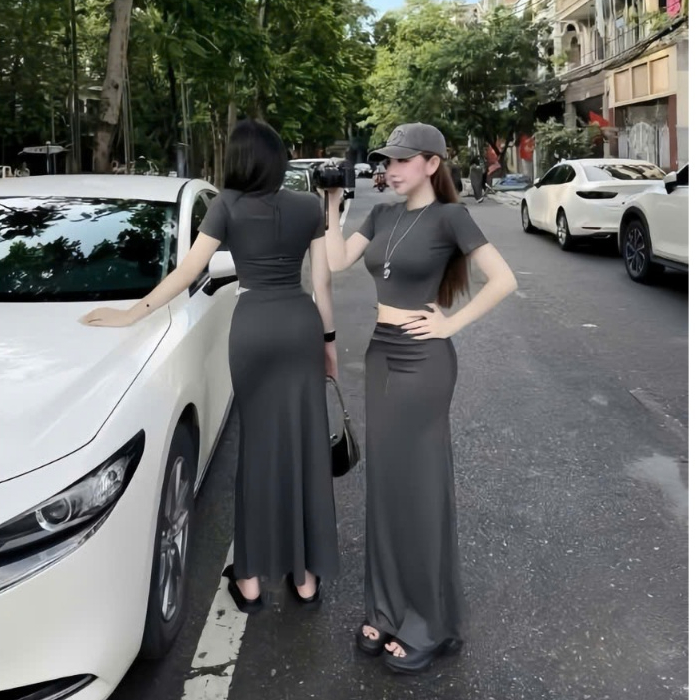 Sét áo croptop + chân váy đuôi cá dáng dài , chất thun Ladong thiết kế trẻ trung thời trang