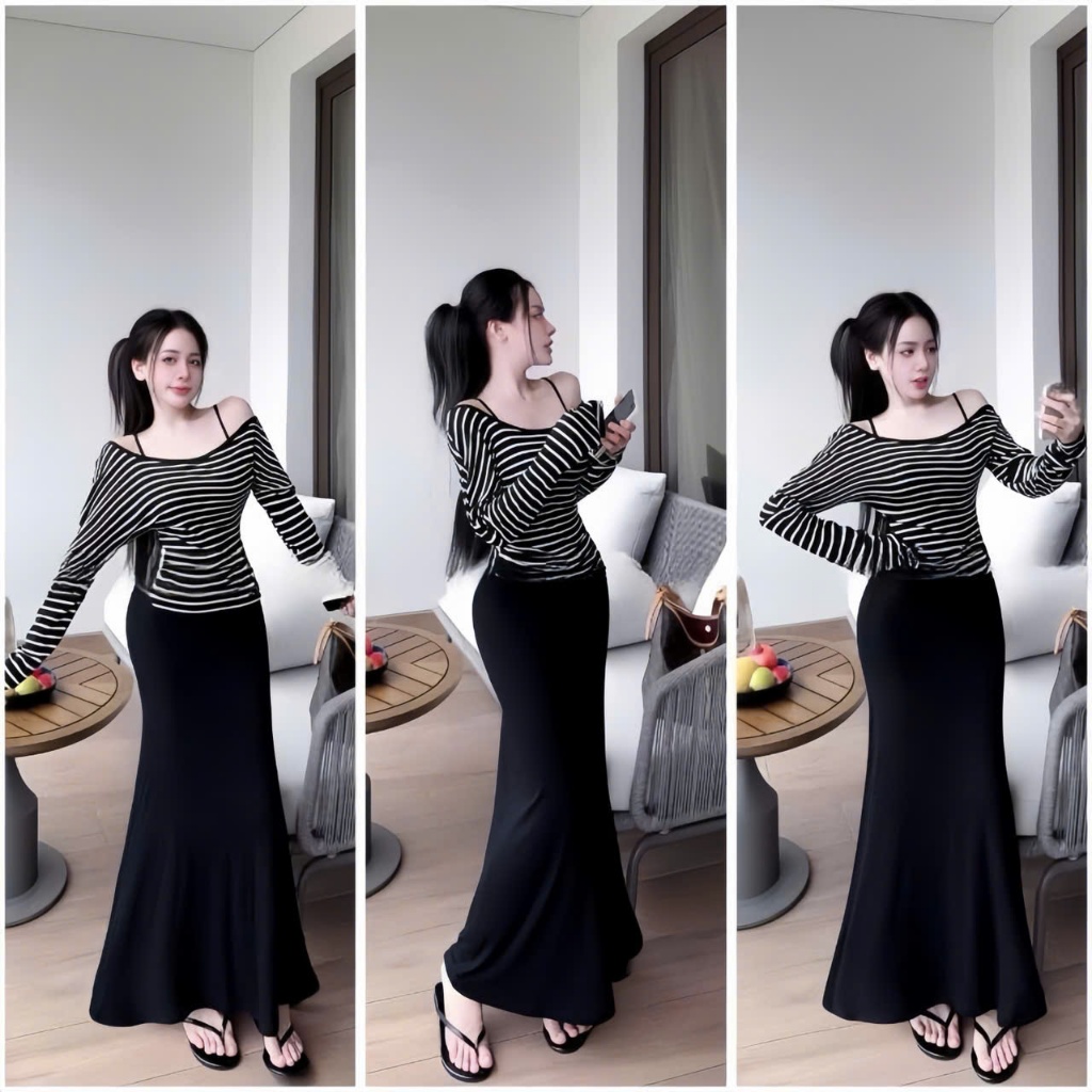 Sét đầm 2 dây maxi đuôi cá chất thun Ladong  phối áo thun sọc tay dài  chất thun tăm thiết kế trẻ trung thời trang