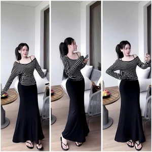 Sét đầm 2 dây maxi đuôi cá chất thun Ladong phối áo thun sọc tay dài chất thun tăm thiết kế trẻ trung thời trang