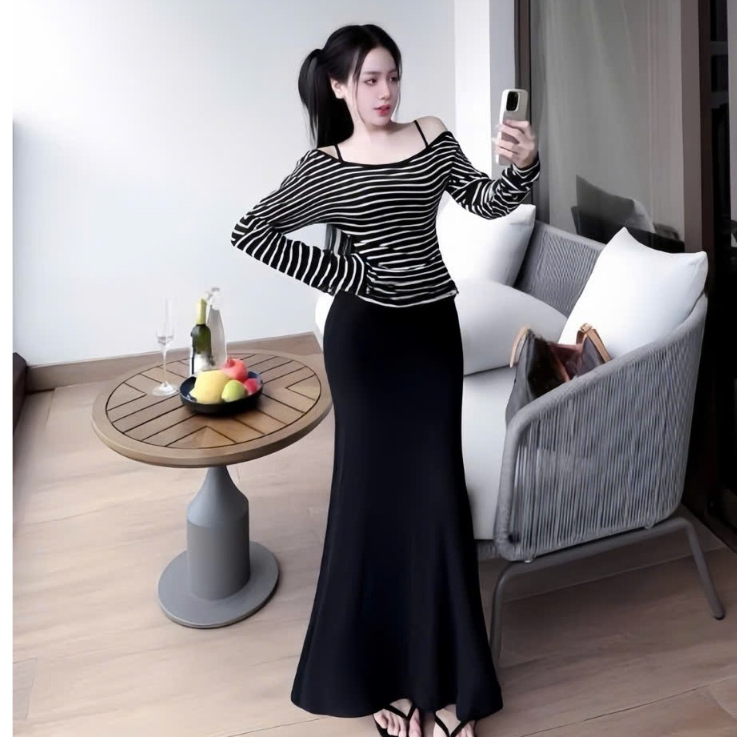 Sét đầm 2 dây maxi đuôi cá chất thun Ladong  phối áo thun sọc tay dài  chất thun tăm thiết kế trẻ trung thời trang