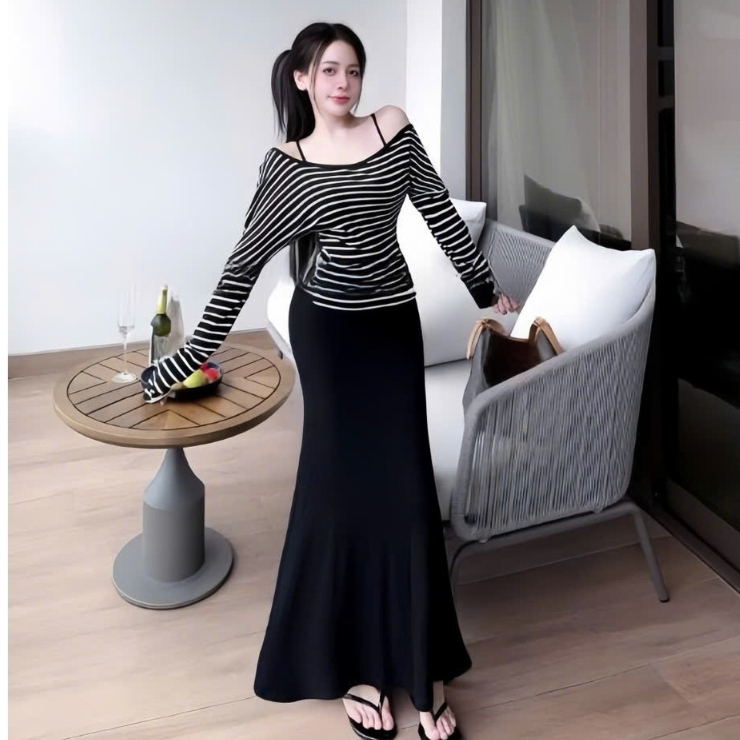 Sét đầm 2 dây maxi đuôi cá chất thun Ladong  phối áo thun sọc tay dài  chất thun tăm thiết kế trẻ trung thời trang