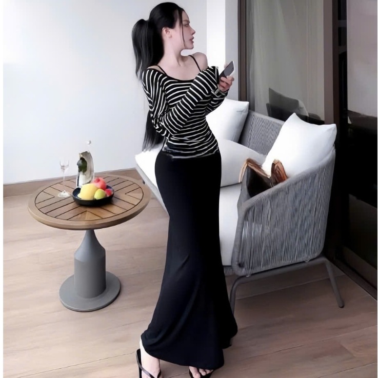 Sét đầm 2 dây maxi đuôi cá chất thun Ladong  phối áo thun sọc tay dài  chất thun tăm thiết kế trẻ trung thời trang
