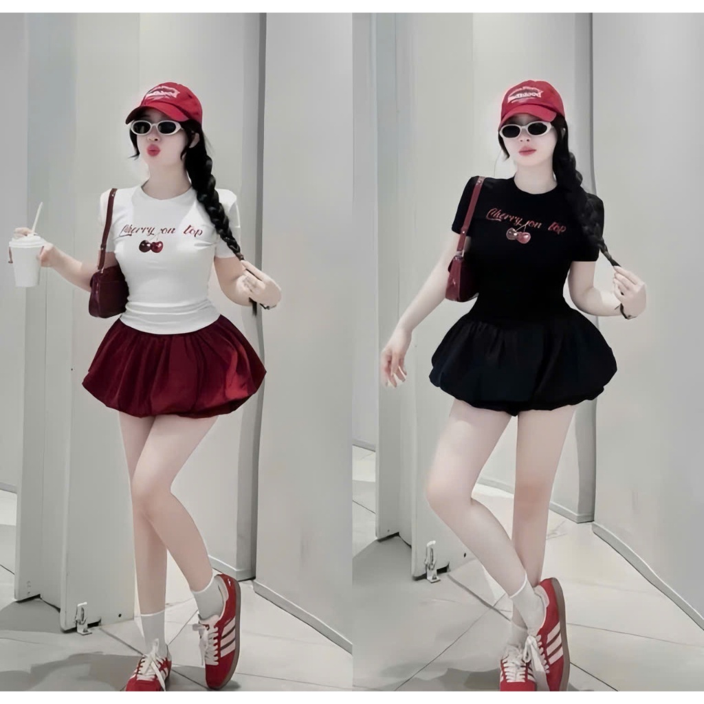 Sét áo thun tay ngắn cổ tròn in hình cherry phối chân váy bí phồng ,chất thun tăm + cotton thiết kế trẻ trung thời trang