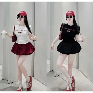 Sét áo thun tay ngắn cổ tròn in hình cherry phối chân váy bí phồng ,chất thun tăm + cotton thiết kế trẻ trung thời trang