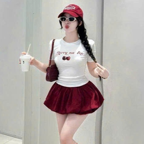 Sét áo thun tay ngắn cổ tròn in hình cherry phối chân váy bí phồng ,chất thun tăm + cotton thiết kế trẻ trung thời trang