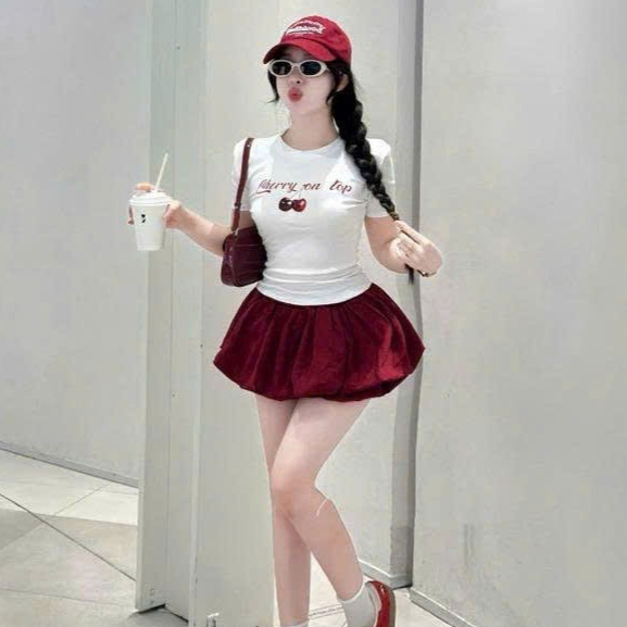 Sét áo thun tay ngắn cổ tròn in hình cherry phối chân váy bí phồng ,chất thun tăm + cotton thiết kế trẻ trung thời trang