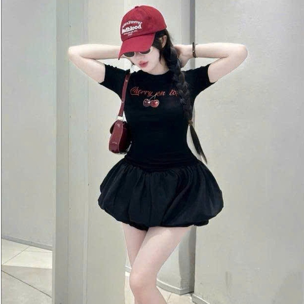 Sét áo thun tay ngắn cổ tròn in hình cherry phối chân váy bí phồng ,chất thun tăm + cotton thiết kế trẻ trung thời trang