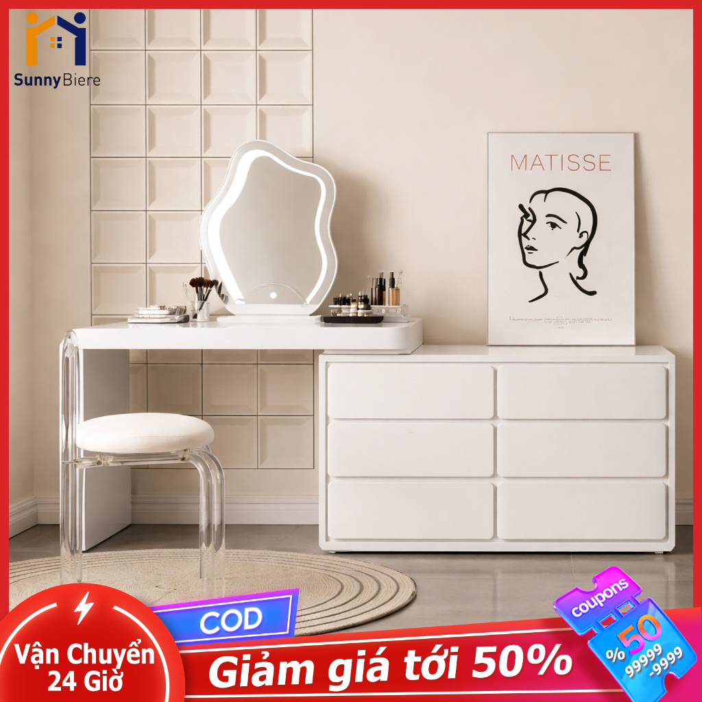 Sunny Bàn Trang Điểm Kết Hợp Tủ Ngăn Kéo 2 trong 1 Thiết Kế Đa Năng 6 Ngăn Lưu Trữ Rộng Rãi