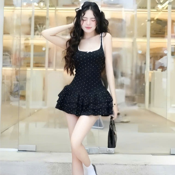 Đầm 2 dây chấm bi tùng tầng kèm quần chất thun tăm thiết kế trẻ trung thời trang