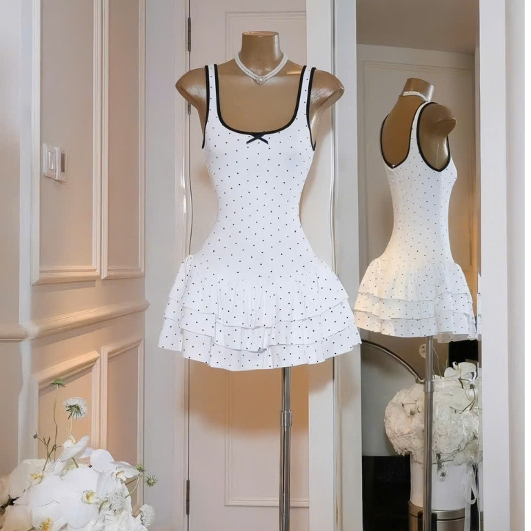 Đầm 2 dây chấm bi tùng tầng kèm quần chất thun tăm thiết kế trẻ trung thời trang