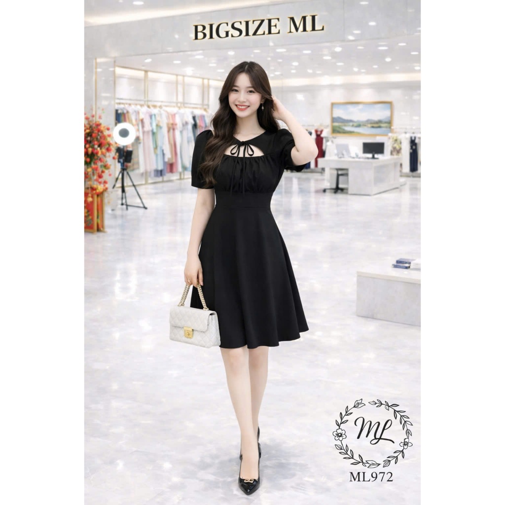ĐẦM ML972 – ĐẦM BIGSIZE DÁNG XÒE CỔ NHÚN RÚT DÂY NỮ TÍNH 55–90KG