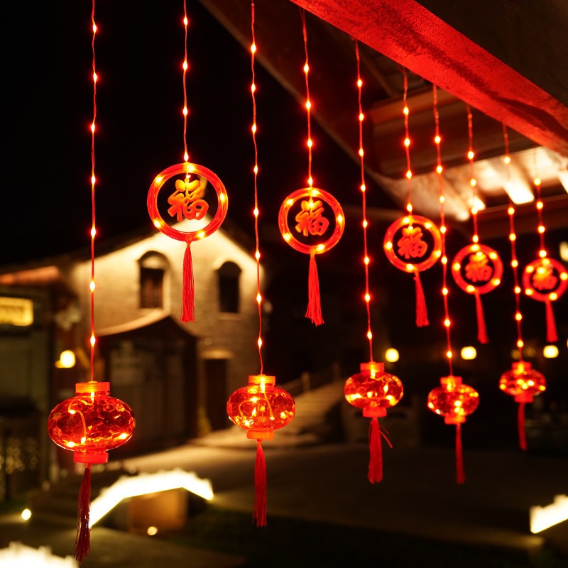 Đèn LED Rèm lồng đèn Vòng tròn Chữ Phúc Dài 4m Trang trí Lễ Tết Có phích cắm nối tiếp