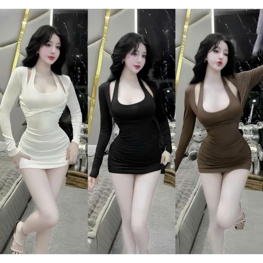 Đầm body cổ yếm xoắn ngực tay dài chất  thun Ladong thiết kế trẻ trung thời trang