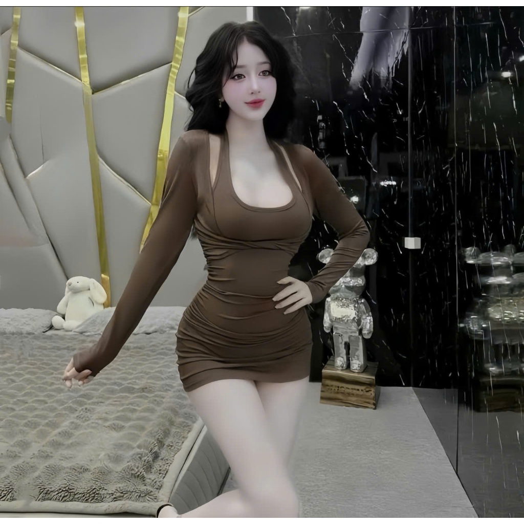 Đầm body cổ yếm xoắn ngực tay dài chất  thun Ladong thiết kế trẻ trung thời trang