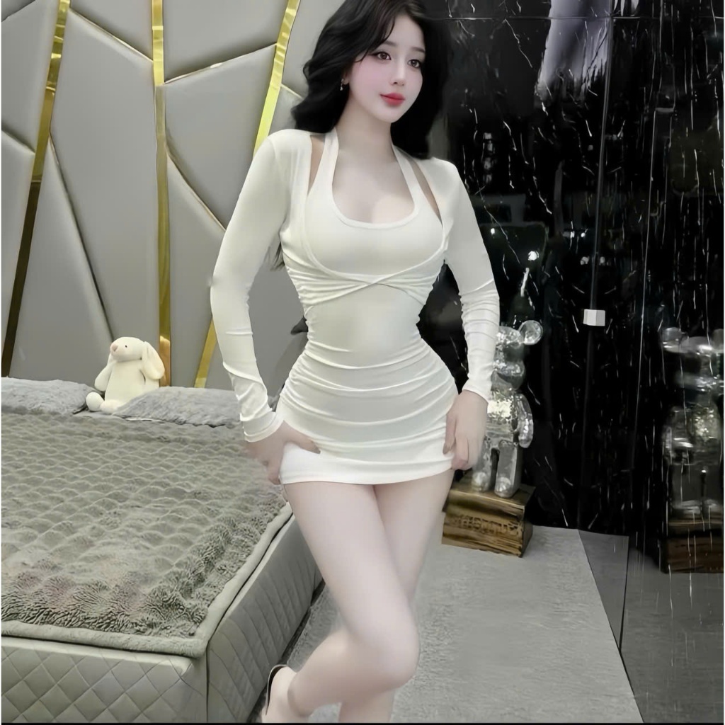 Đầm body cổ yếm xoắn ngực tay dài chất  thun Ladong thiết kế trẻ trung thời trang