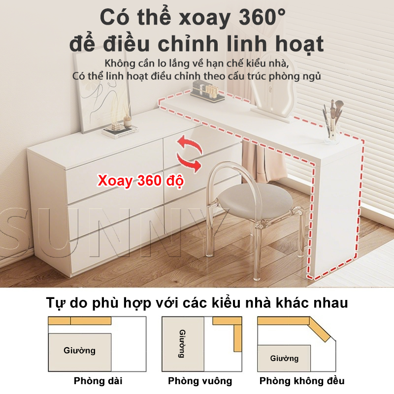 Sunny Bàn Trang Điểm Kết Hợp Tủ Ngăn Kéo 2 trong 1 Thiết Kế Đa Năng 6 Ngăn Lưu Trữ Rộng Rãi