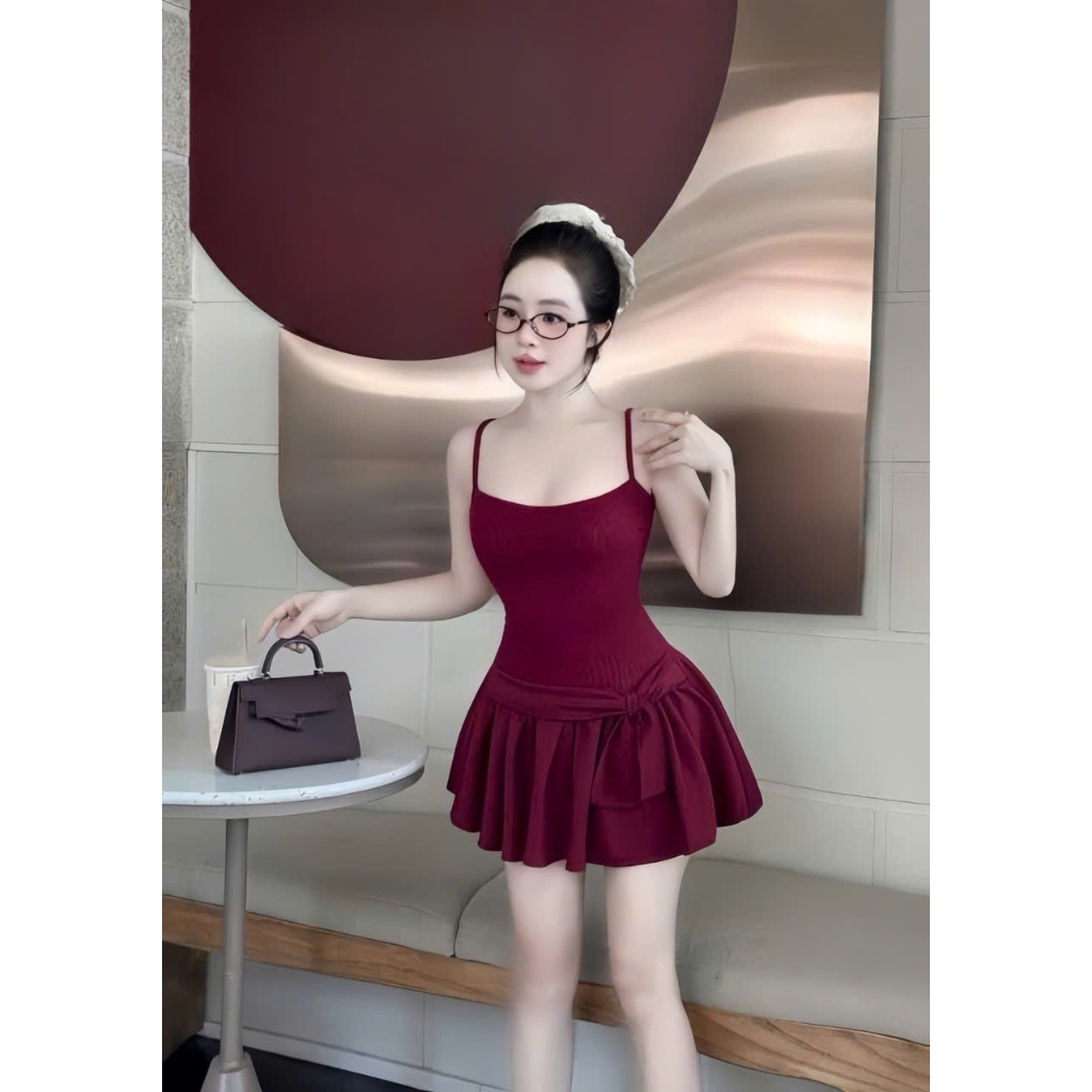 Đầm tiểu thư 2 đây tùng xòe nơ hông kèm quần rời chất thun tăm thiết kế trẻ trung thời trang