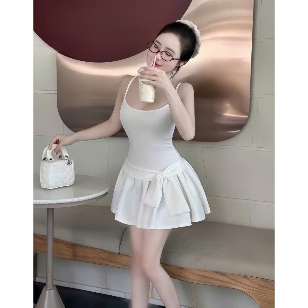 Đầm tiểu thư 2 đây tùng xòe nơ hông kèm quần rời chất thun tăm thiết kế trẻ trung thời trang
