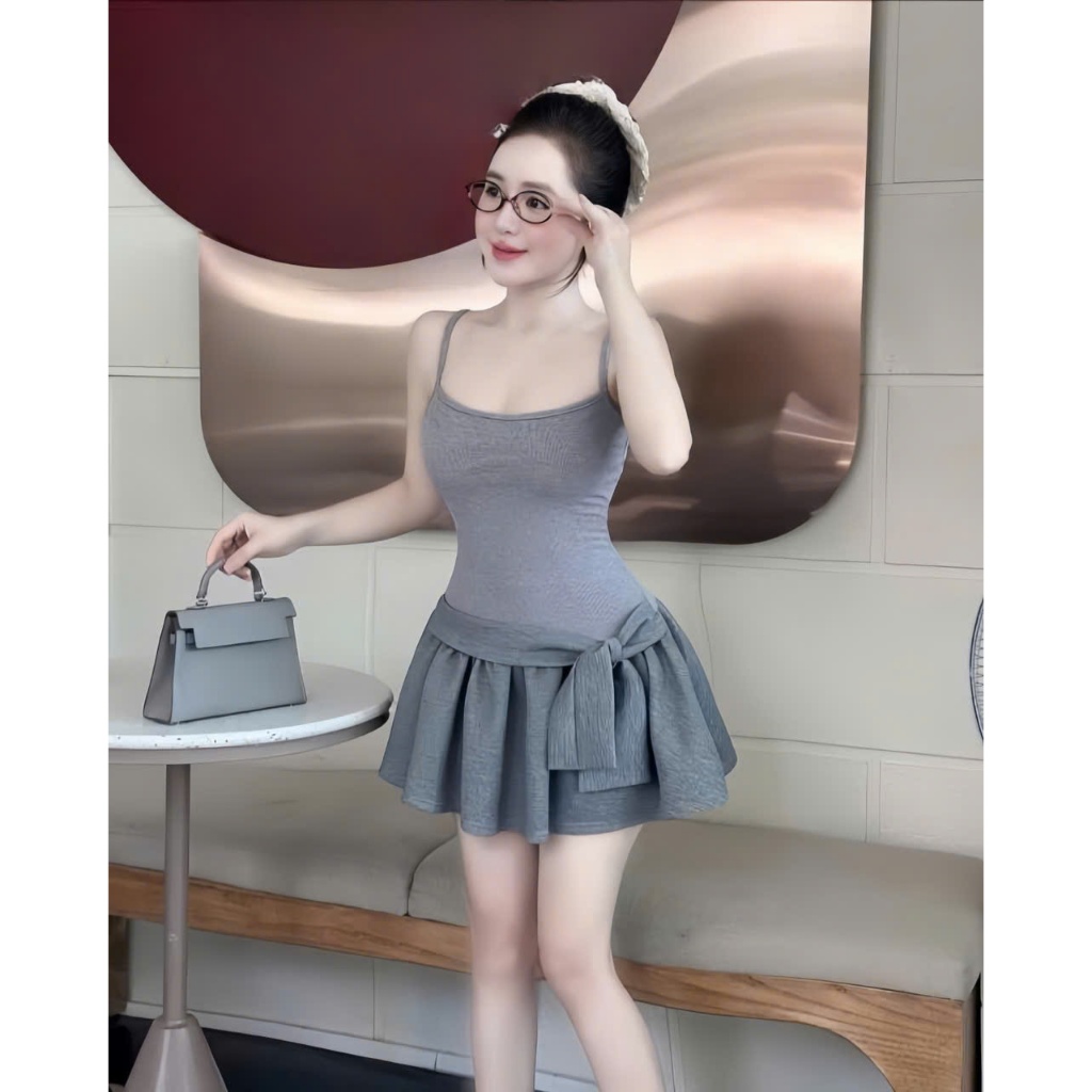Đầm tiểu thư 2 đây tùng xòe nơ hông kèm quần rời chất thun tăm thiết kế trẻ trung thời trang