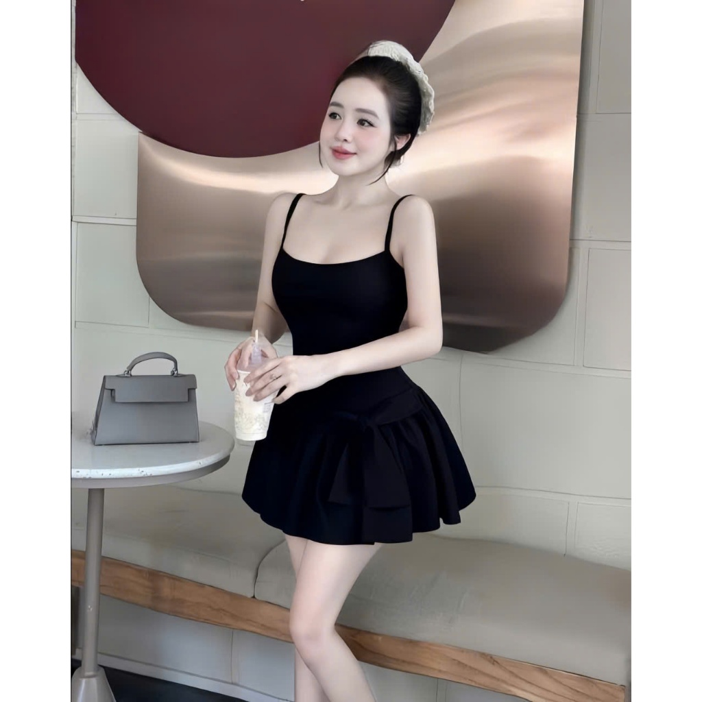 Đầm tiểu thư 2 đây tùng xòe nơ hông kèm quần rời chất thun tăm thiết kế trẻ trung thời trang